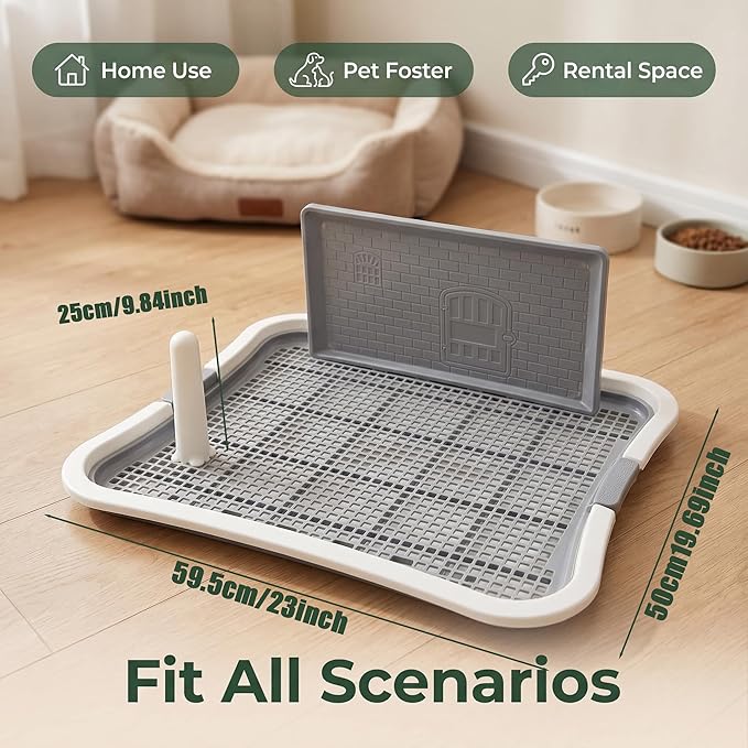 Dog Pee Pad Holder, Indoor Dog Potty Tray with Splash Guard & Center Post, Potty for Small Dogs, Waterproof and Easy to Disassembly and Cleaning Dog Toilet, 23.62"X19.69" (White)