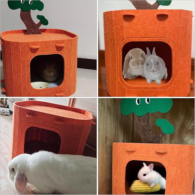 Rabbit Hideout,Felt Cloth Bunny Bed,Tree Stump Theme Guinea Pig Hideout and Bed,Small Animal Hideaway House,Rabbits Hiding Hut for Ferret Chinchilla Hedgehog