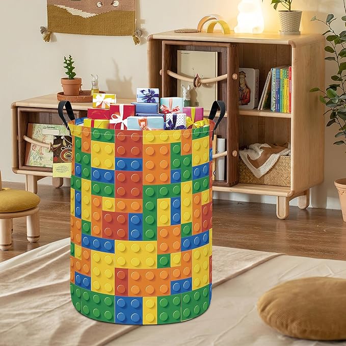 Collapsible Fabric Storage Basket, Waterproof Laundry Hamper with Handles, Round Storage Bin for Clothes Toys, Foldable Organizer for Bedroom Nursery Bathroom(Round-Colorful Blocks)