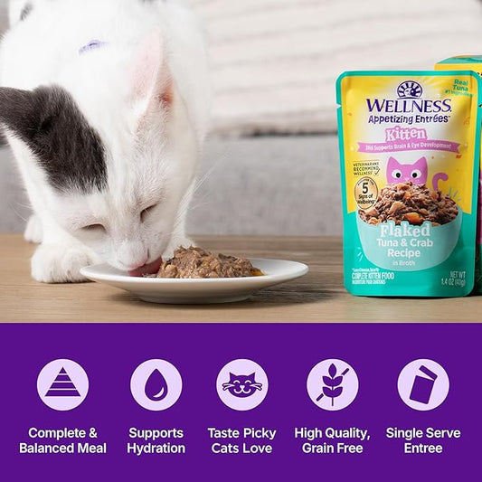 Wellness Appetizing Entrées Flaked Kitten Wet Cat Food, Natural, Protein Rich, Grain Free, Tuna and Crab Recipe, 1.4 oz, Pack of 8 Pouches