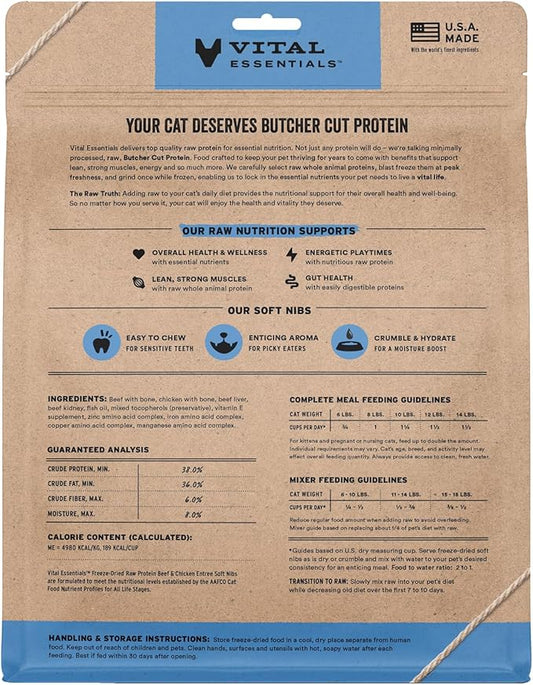 Vital Essentials Freeze Dried Cat Food, Raw Beef & Chicken Soft Nibs | Complete Meal or Topper | 99% Beef, Chicken, Organs & Bone | High Protein, Grain Free Dry Cat Food | 12 oz Bag