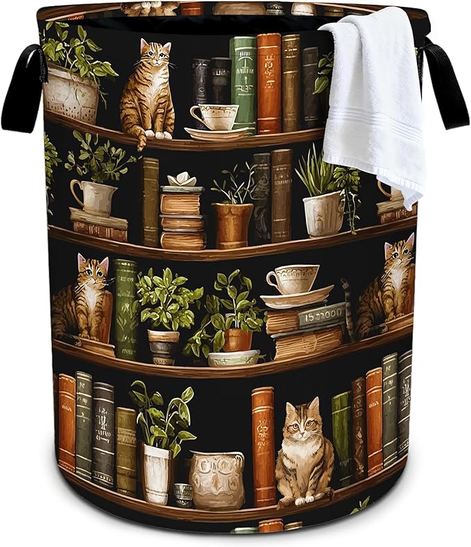 Wooden Bookshelf Cat Laundry Basket Storage Bin Foldable Laundry Hamper Clothes Storage Bucket Organizer 19.6x15.7 Inch For Laundry Room/Bedroom/Bathroom