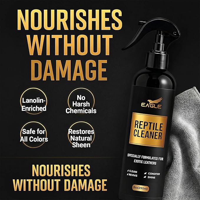 Exotic Leather Cleaner & Conditioner Spray – Cleans, Conditions & Protects Alligator, Crocodile, Snakeskin, Lizard, Ostrich & More – 8oz with Microfiber Cloth – Boots, Shoes, Bags, Belts