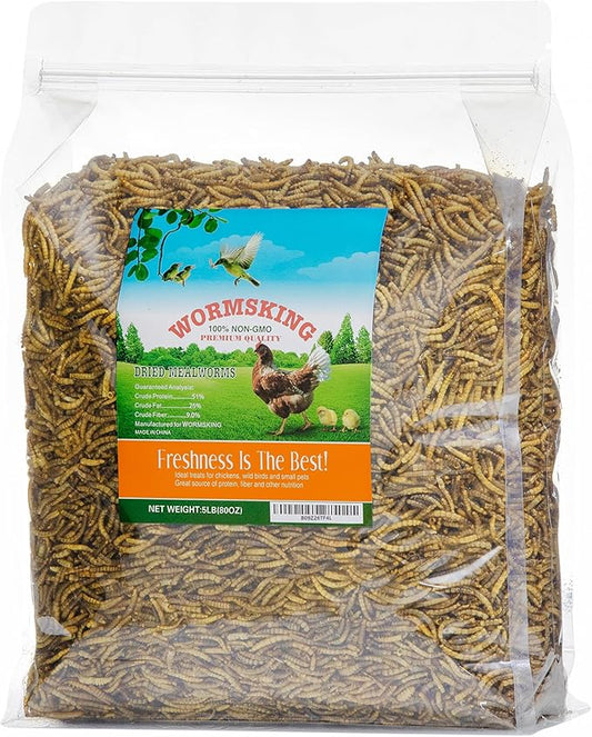WORMSKING 5LB Dried Mealworms, Great Treat for Chicken, Duck, Birds, Reptile, Hamster,Hedgehog, Pigeon