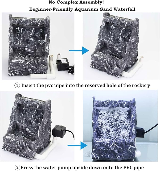Dynamic Aquarium Decoration Sand Waterfall, Large Resin Model Seiryu Stone for Aquascaping with Water Pump and White Aquarium Sand, Fish Tank Accessories Hardscape