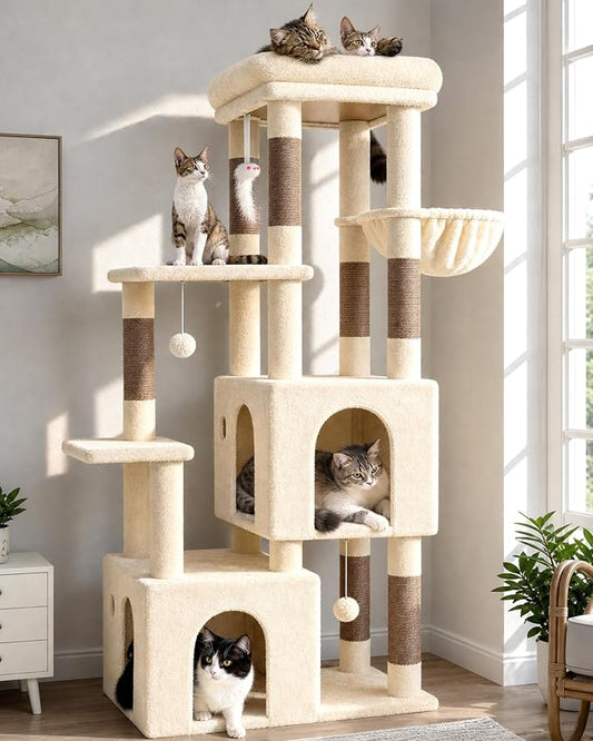 Globlazer Cat Tower for Indoor Cats, Heavy Duty Cat Trees for Large Cats Adult Big Cats Maine Coon Cat Tree Tower with Scratching Post, Extra Large Top Perch, Cat Condos, F61, Beige, 61inch