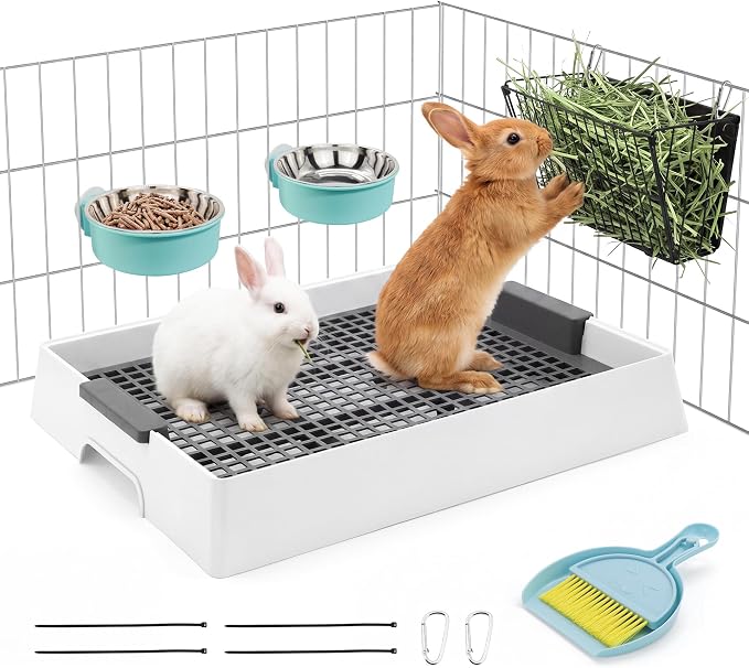4-in-1 Rabbit Litter Box & Hay Feeder for Bunny and Guinea Pig, Upgraded Bunny Litter Box with 2 Stainless Bowls, Dustpan & Broom – Rabbit & Guinea Pig Accessories