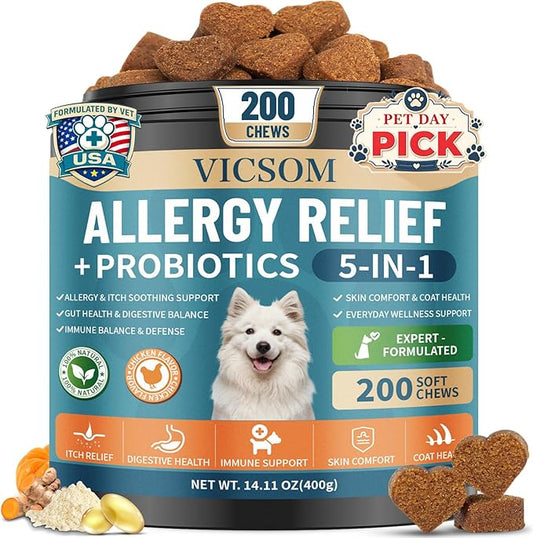 Dog Allergy Chews with Probiotics for Dogs, 200 Dog Allergy Relief Treats for Dogs Immune Support & Itching Skin Relief, Ears, Eyes, Paws Support, Dog Probiotics for Gut Health, Chicken Flavor
