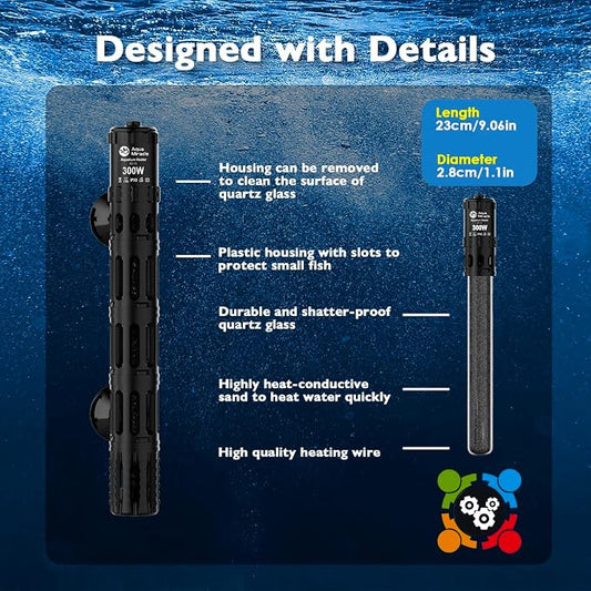 AquaMiracle Submersible Aquarium Heaters, 300W Fish Tank Heater with LED Digital Temp Display, Dry-Run Auto Power-Off & Overheat Protection, for Freshwater and Saltwater Tanks (40-75 Gal)