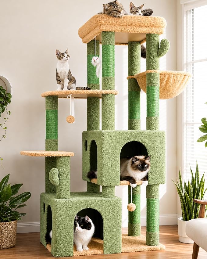 Globlazer Cactus Cat Tower for Indoor Cats, Heavy Duty Cat Trees for Large Cats Adult Big Cats Maine Coon Cat Tree Tower with Scratching Post, Extra Large Top Perch, Cat Condos, F61, Green, 61inch