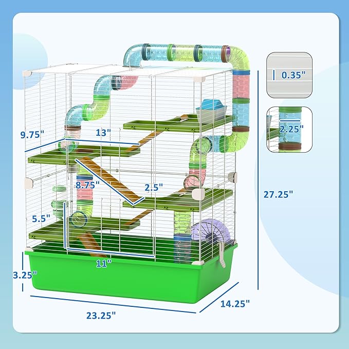 PawHut Extra Large 23" Hamster Cage with Tubes and Tunnels, Portable Carry Handles, Rat House and Habitats Big 5-Tier Design, Mouse Cage Includes Exercise Wheel, Water Bottle, Food Dish, Green