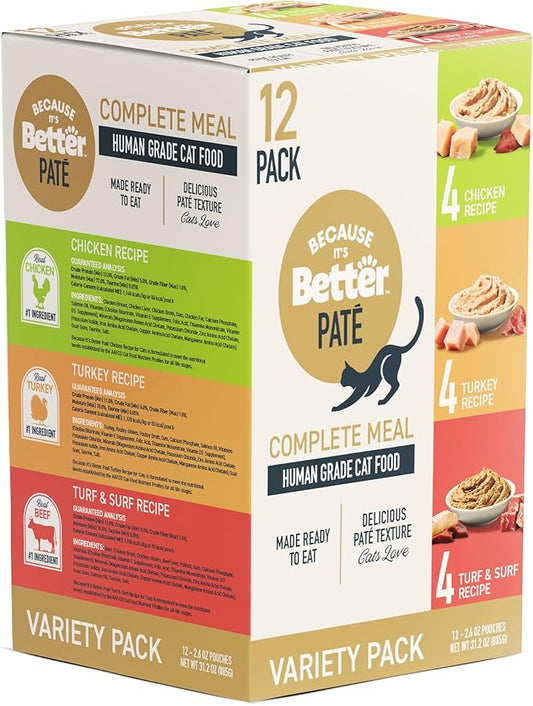 Because It’s Better Pate Complete Meal - Wet Cat Food - Variety Pack - Ocean, Turkey & Chicken Flavors - Organic, Balanced, Smooth Pate Texture, Human-Grade Ingredients, 2.6 oz Pouches (12 Count)