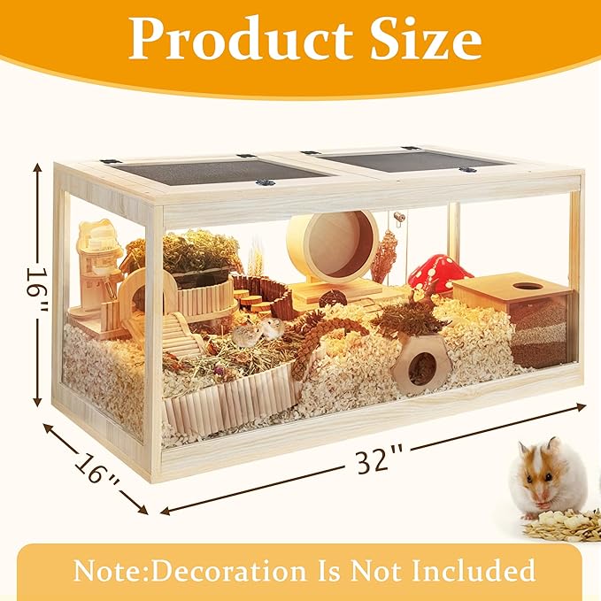 PROLEE Hamster Cage with Metal Mesh Top, Chewproof Wooden Guinea Pig Cages, Mice and Rat Habitat,Large Hamster Cages with Acrylic Sheets Solid Built (32X16X16 Inch)