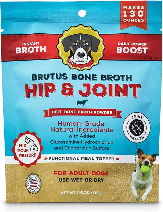 Brutus Broth Dog Food Topper - Instant Bone Broth Powder for Adult Dogs - Supports Hip and Joint Function - Human-Grade Quality, Serve Dry or Wet - Beef Flavor, 3.5 oz (Pack of 1)