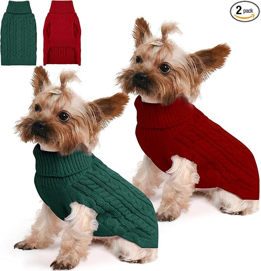 Dog Sweater 2 Pack for Small Dogs, Size S, Red & Green | Stretchy cable knit turtleneck, machine washable, high belly cut, comfy winter fit for Chihuahua, Maltese