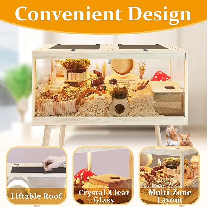 PROLEE Hamster Cage Chewproof, Mice and Rat Habitat with Transparent Sides, Hamster Cage with Openable Mesh Top, Solid Built with Lock Design and Leg Stand, 40" inch