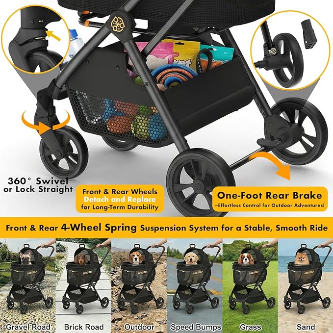 PAWZIDEA Pet Stroller 4 in 1, Foldable Cat Stroller with Detachable Carrier for Small Medium Dogs & Cats, Escape-Proof No-Zip Canopy, Lightweight Portable Travel Crate & Car Seat Combo, Storage Basket