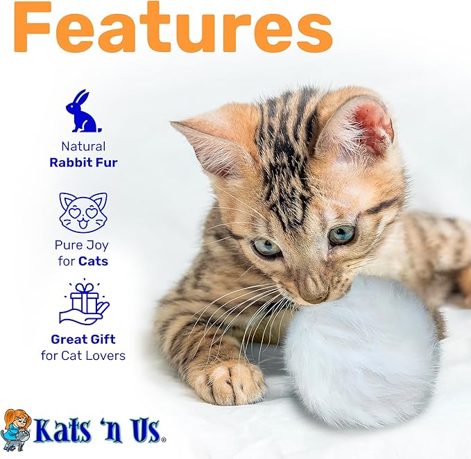 Kats'N Us 2 Inch Real Rabbit Fur Pom Pom Cat Toys - Pack of 5 Soft White Furry Balls, Natural Prey-Like Interactive Play, Hunting Instinct Exercise & Training Toys for Indoor Cats