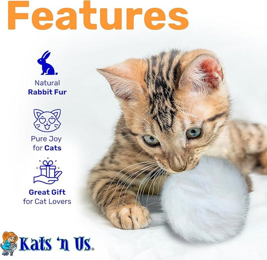 Kats'N Us 2 Inch Real Rabbit Fur Pom Pom Cat Toys - Pack of 5 Soft White Furry Balls, Natural Prey-Like Interactive Play, Hunting Instinct Exercise & Training Toys for Indoor Cats