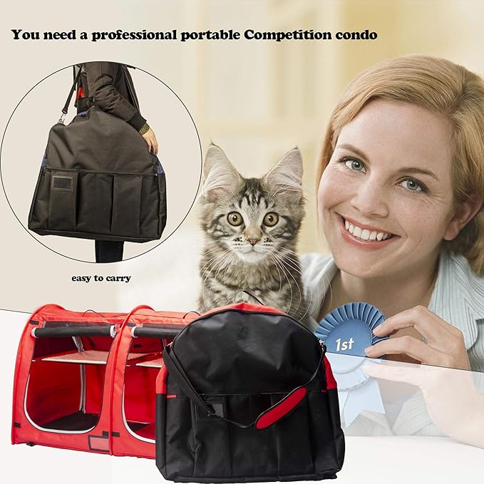 Mispace Portable Twin Compartment Show House Cat Cage/Condo - Easy to Fold & Carry Kennel - Comfy Puppy Home & Dog Travel Crate with Portable Carry Bag/Two Hammocks/Mats and Collapsible Litter Box