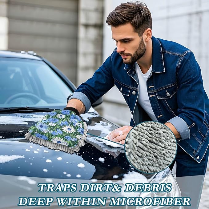 Car Wash Mitt Microfiber Wash Mitts for Car Washing Scratch-Free Cleaning Gloves Soft Non Absorbent Chenille Auto Hand Mitt Large 2Pack Cornflower Green Leaves
