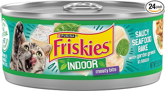 Purina Friskies Indoor Cat Food Meaty Bits Saucy Seafood Bake With Garden Greens in Sauce - (Pack of 24) 5.5 oz. Cans
