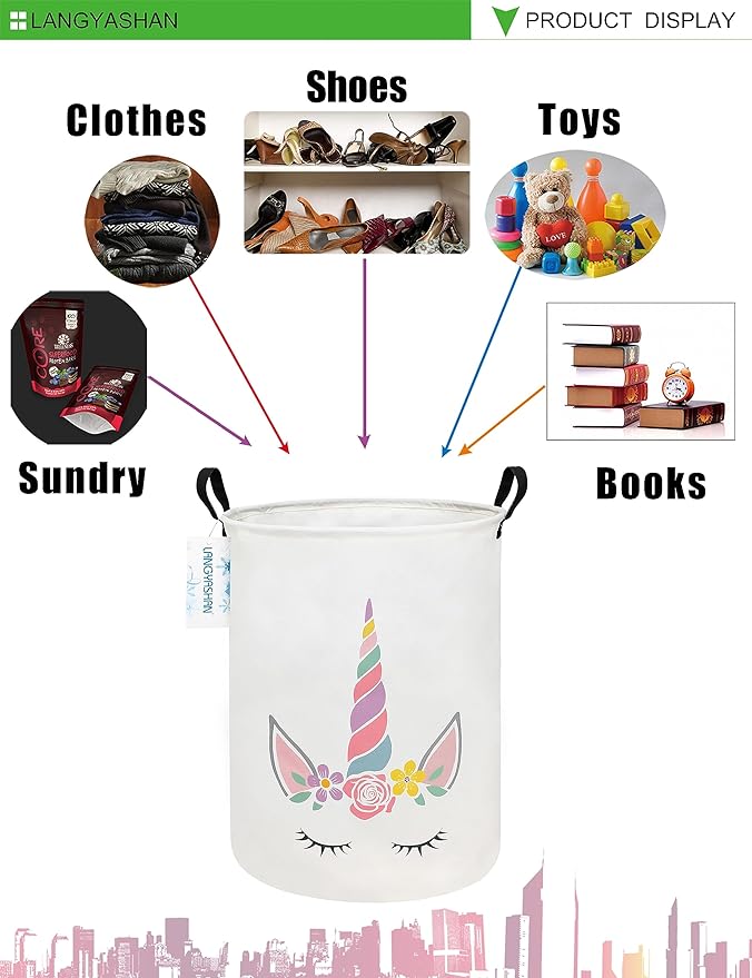 Laundry Basket Canvas Fabric Collapsible Organizer Basket for Storage Bin Toy Bins Gift Baskets Bedroom Clothes Children Nursery Hamper (Round Pink Unicorn)