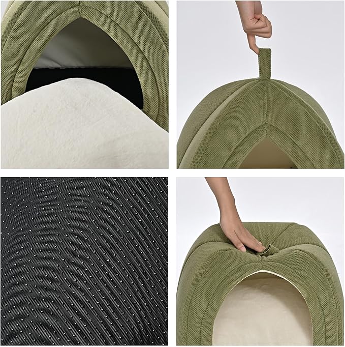 Amazon Basics Cat Cave Bed, 2-in-1 Foldable House for Indoor Cats, with Washable Cushion and Non-Slip Base, 17.5 x 17.5 Inches, Large, Green