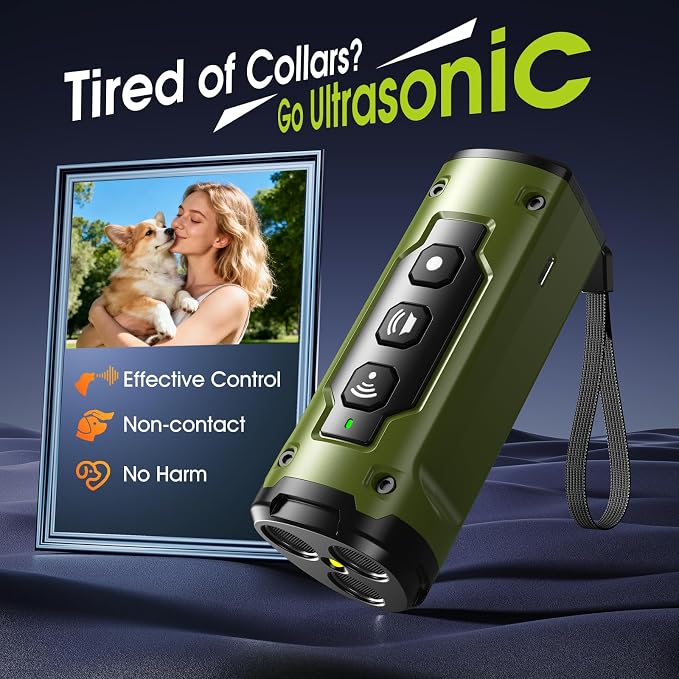1-Touch Dog Bark Deterrent Devices with 3 Sonic Heads,Portable 50ft Range Anti Barking Device for Dogs,Rechargeable & Safe Dog Training Tool with Flashlight,Helps Improve Dog's Behavior Green