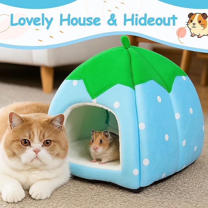 Guinea Pig Strawberry Bed, Plush Winter Hideout & Washable Cuddle Cave for Small Pets – Cute Berry-Shaped Cozy House for Hamsters, Rabbits & Chinchillas