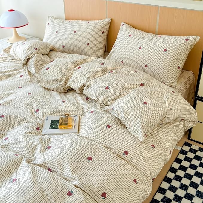 BlueBlue Strawberry Duvet Cover Set Twin 100% Cotton Bedding for Kids Boys Girls Teens Red Strawberry Grid Plaid on Cream White 1 Cartoon Fruit Comforter Cover 2 Pillowcases (Twin)