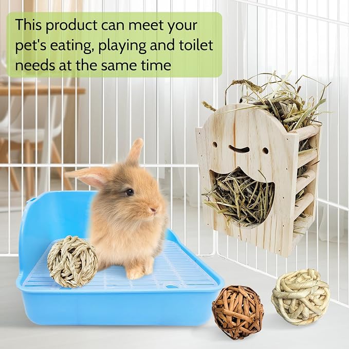 PINVNBY Rabbit Litter Box for Cage Wooden Guinea Pig Hay Rack Feeder Potty Trainer Corner Bunny Litter Box Pet Toilet with Cleaning Set for Guinea Pigs Ferret Rabbits Chinchilla