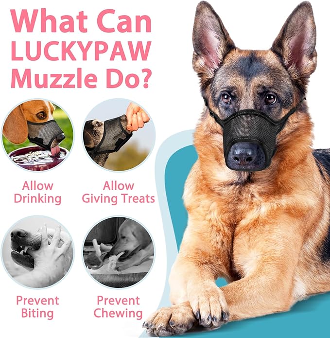 LUCKYPAW Dog Muzzle, Mesh Dog Muzzle for Large Medium Small Dogs, Soft Mouth Guard for Biting Chewing, Breathable Mouth Cover with Adjustable Strap for Training (Black, S(Snout:7.75"-8.75"))