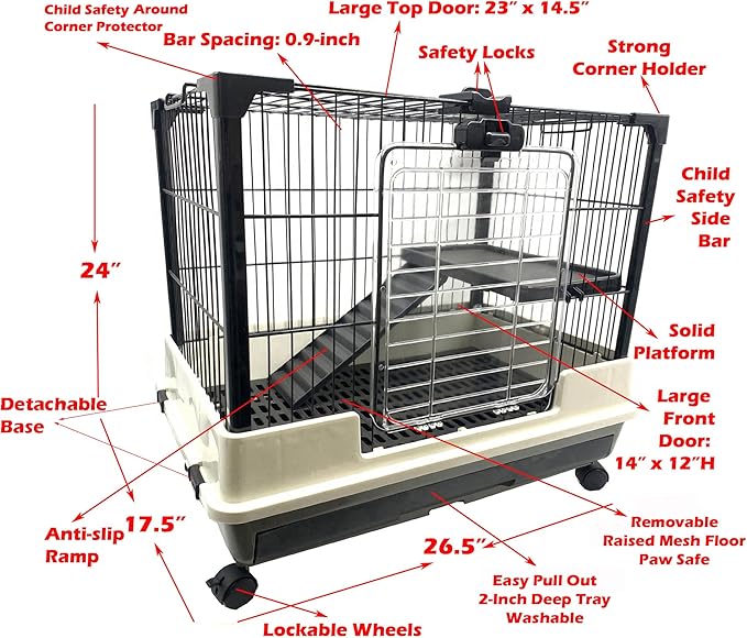 Large Multi-Level Indoor/Outdoor Small Animal Pet Cage for Guinea Pig Ferret Chinchilla Cat Playpen Rabbit Hutch Solid Platform Ramp Leakproof Litter Washable Tray Large Access Doors Lockable Casters
