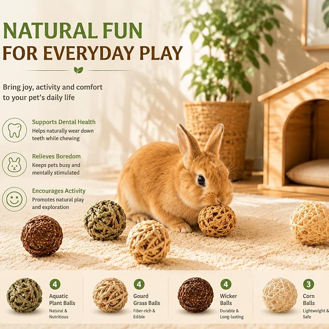Skylety 15 Pieces Bunny Chew Balls for Rabbits, Small Animal Rolling Grass Toys and Treats for Guinea Pigs, Chinchillas, Hamsters, Mice, Teeth Grinding, Gnawing and Play(Classic Style,1.97")