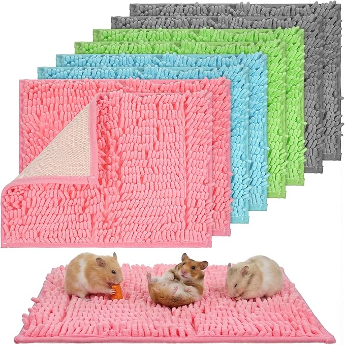 8PCS Guinea Pig Cage Liners, 15 x 11 Inch Washable Chenille Bedding Pee Pads, Reusable Waterproof Anti-Slip Pet Cage Training Sleeping Mat for Small Animals Bunny Rabbit Hamster (4 Colors)