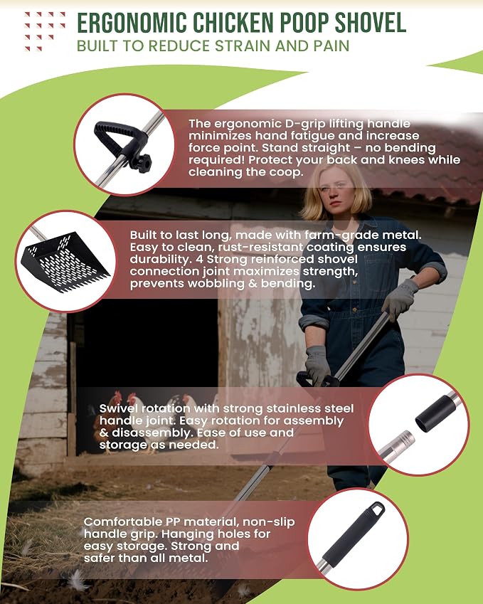 2-in-1 Chicken Poop Scooper & Rake - 10” Metal Chicken Poop Sifter Shovel with Fine Mesh, Pooper Scooper for Sand - Adjustable 39–67” Stainless Steel Handle, Animal Waste & Coop Cleaning Tool