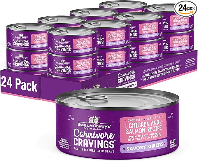Stella & Chewy's Carnivore Cravings Savory Shreds Cans – Grain Free, Protein Rich Wet Cat Food – Cage-Free Chicken & Wild-Caught Salmon Recipe – (2.8 Ounce Cans, Case of 24)