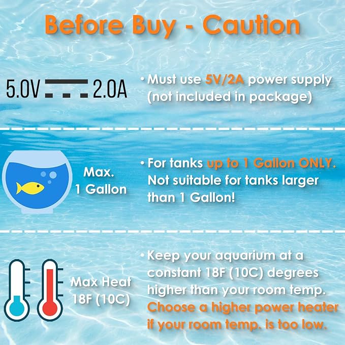 10W Mini Aquarium Heater for up to 1 Gallon Tanks | Super Small 5V/2A USB Fish Tank Heater with Digital Thermostat, Dry-Run & Overheat Protection, Memory Function