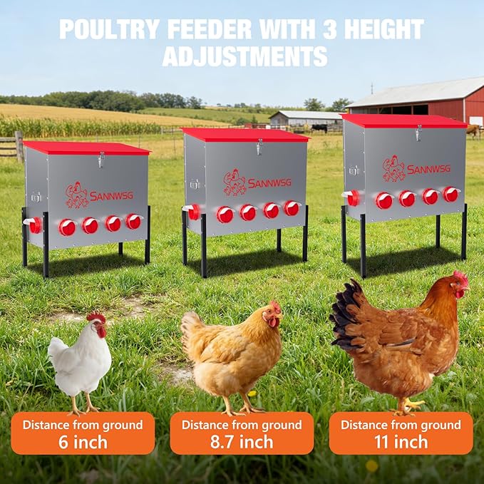 Chicken Feeders,126 lb Capacity 10 Port Automatic Chicken Feeder, Metal Chick Feeder with Locking Lid and Legs, Chicken Feeder for Chickens, Ducks, Geese
