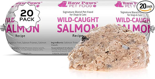 Raw Paws Signature Pet Food for Dogs & Cats - Wild Caught Salmon, 1-lb Rolls (20 Pack) Made in USA Salmon Dog Food - Raw Frozen Fish Dog Food - Sensitive Stomach Cat Food