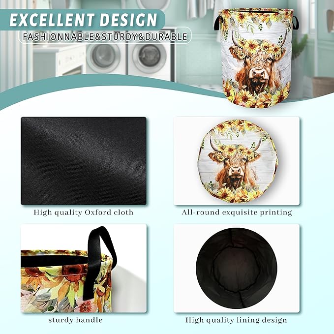 Sunflower Highland Cow Laundry Basket Foldable With Handles Tote Bag Oxford Cloth Funny Animal Laundry Hamper Clothes Storage Bucket Toy Organizer 18.9"x16.5" For Bathroom/Laundry/Bedroom