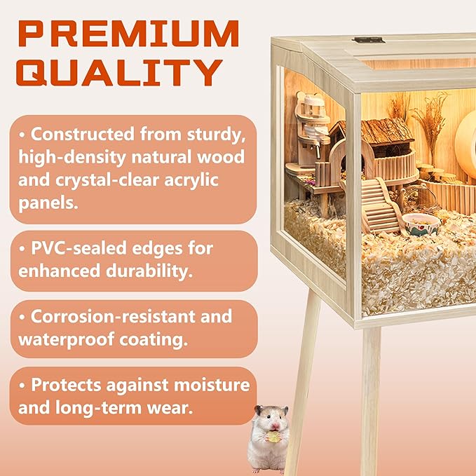PROLEE Hamster Cage Wooden Chew Proof, Extra Large Mice and Rat Habitat Openable Top with Acrylic Sheets Solid Built Small Animal Cage with Leg Stands, 32 Inch Long