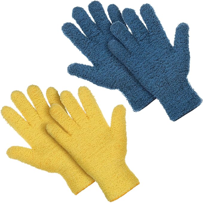 Patelai 2 Pairs Microfiber Gloves for plants Dusting Cleaning Glove Mittens House Cars Blinds Dusting(Yellow, Dark Blue,Large)