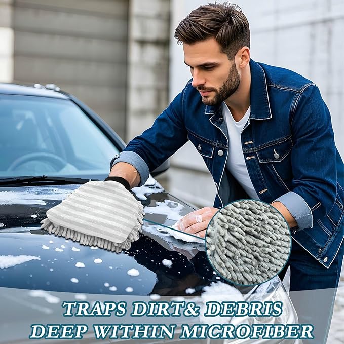 Car Wash Mitt Microfiber Wash Mitts for Car Washing Scratch-Free Cleaning Gloves Soft Non Absorbent Chenille Auto Hand Mitt Medium 2Pack Grey Stripes