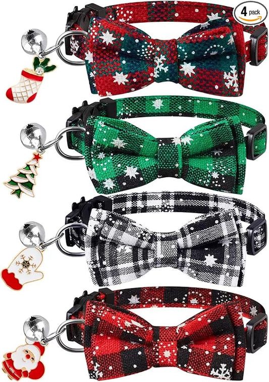 LLHK 4 Pack Christmas Cat Collars with Bow Tie and Bell,Breakaway Kitten Collar for Girl Boy Cats,Adjustable 7-12inch, for Kitty Kitten Adult Cats,Pet Supplies,Stuff,Accessories