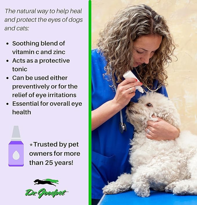 Dr. Goodpet Eye-C All-Natural Eye Drops for Dogs, Cats | Human Quality Zinc & Vitamin C | Veterinarian Recommended Eye Care | Soothe, Wash, and Moisturize Pet Eyes | Made in the USA