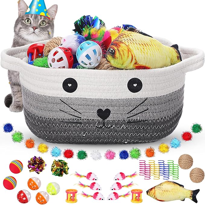 Zopeal 58 Pcs Mother’s Day Cat Storage Basket Gift Toys Set, Colorful Flashing Balls Pet Bell Crinkle Balls Spring Toys Attract Cat to Swat, Hunt, Interactive for Pet(Multicolor,9.8 Inch)