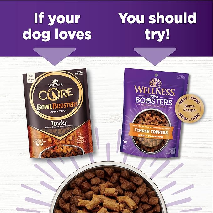 Wellness Bowl Boosters Tender Toppers Dog Food Topper for Small, Medium, and Large Breeds, Grain Free, Natural, Turkey and Chicken Recipe, 2 lb Bag