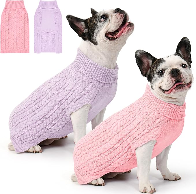 Dog Sweater 2 Pack for Medium Dogs, Size L, Pink & Purple | Stretchy cable knit turtleneck, machine washable, high belly cut, comfy winter fit for French Bulldog, Corgi